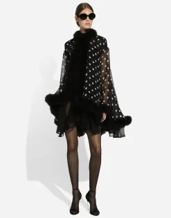 Chiffon cape with polka-dot print and marabou trim