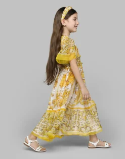 Chiffon dress with yellow majolica print