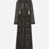 Chiffon midi dress with smock stitching and micro-polka dot print