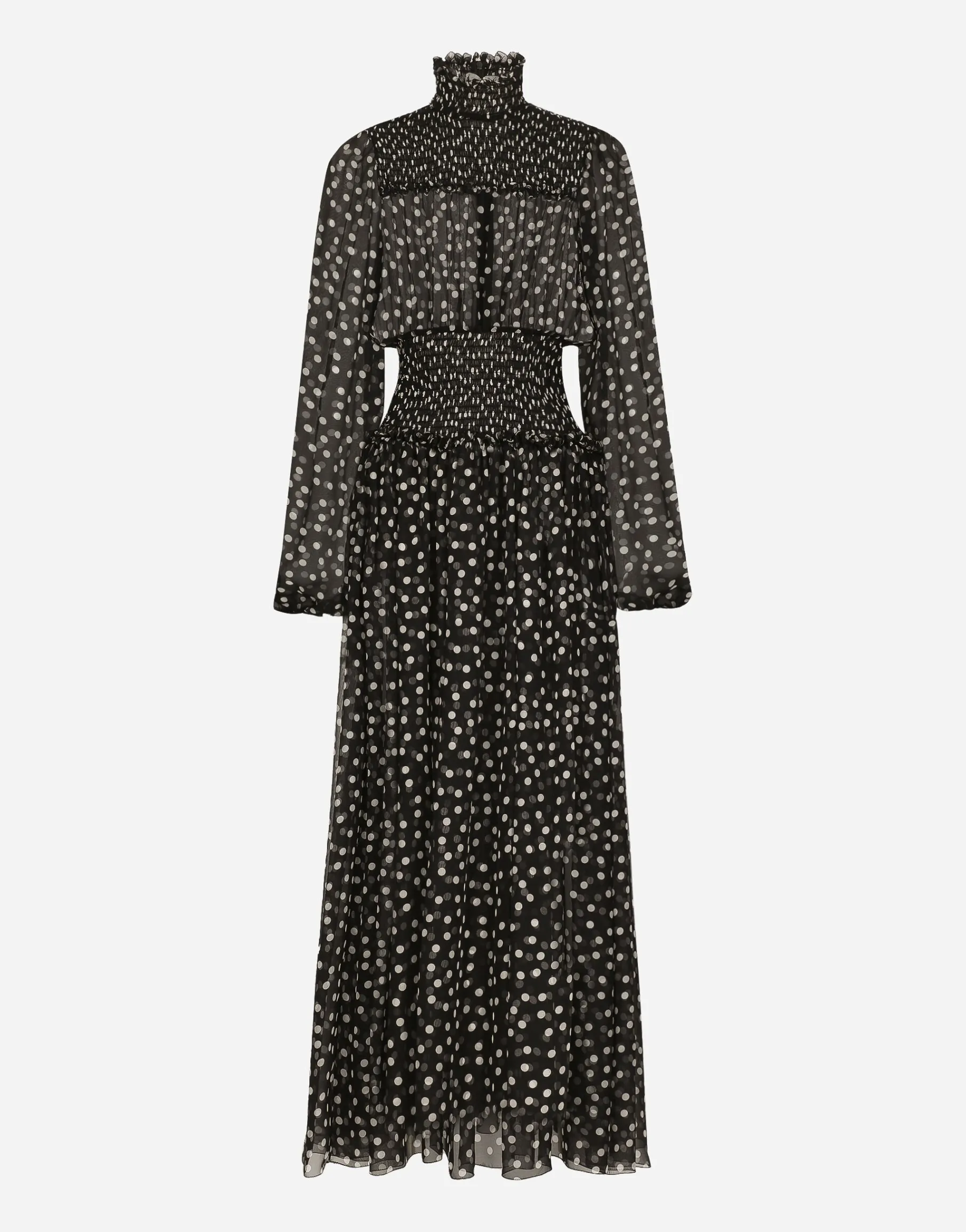 Chiffon midi dress with smock stitching and micro-polka dot print