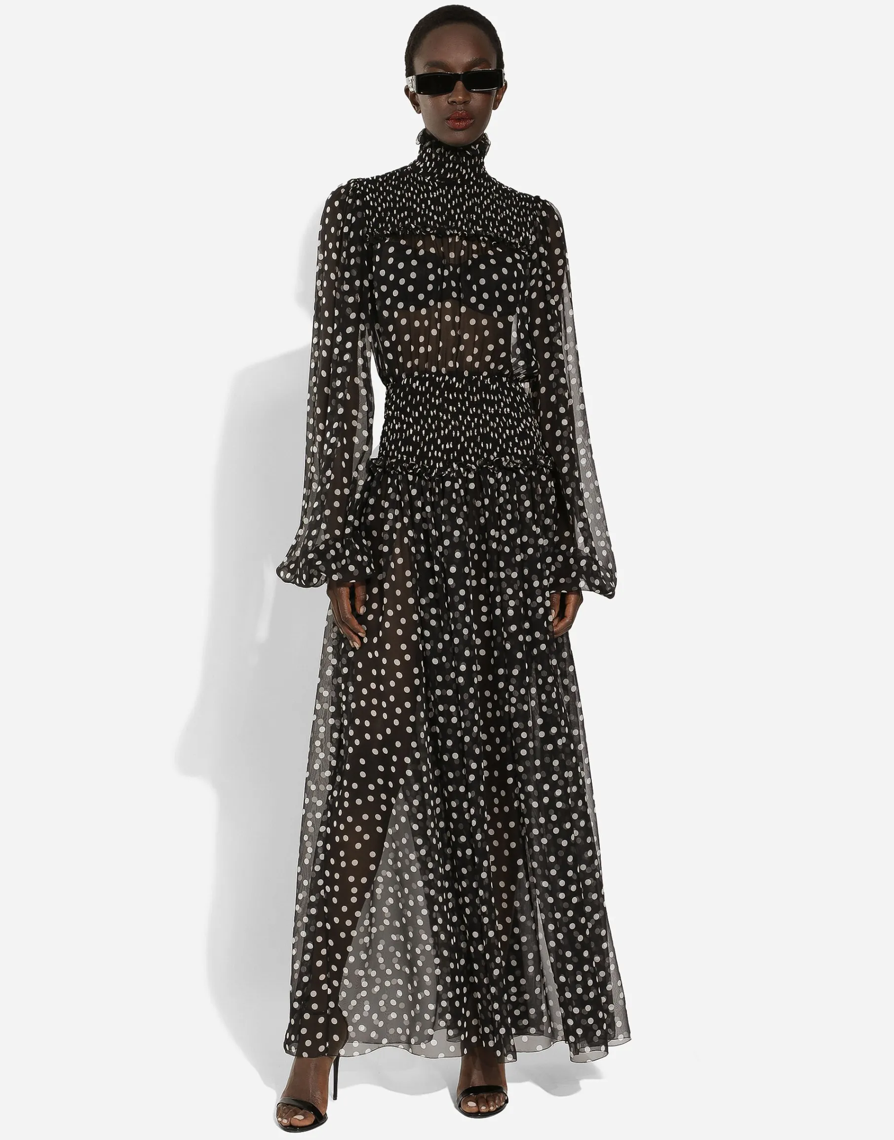 Chiffon midi dress with smock stitching and micro-polka dot print