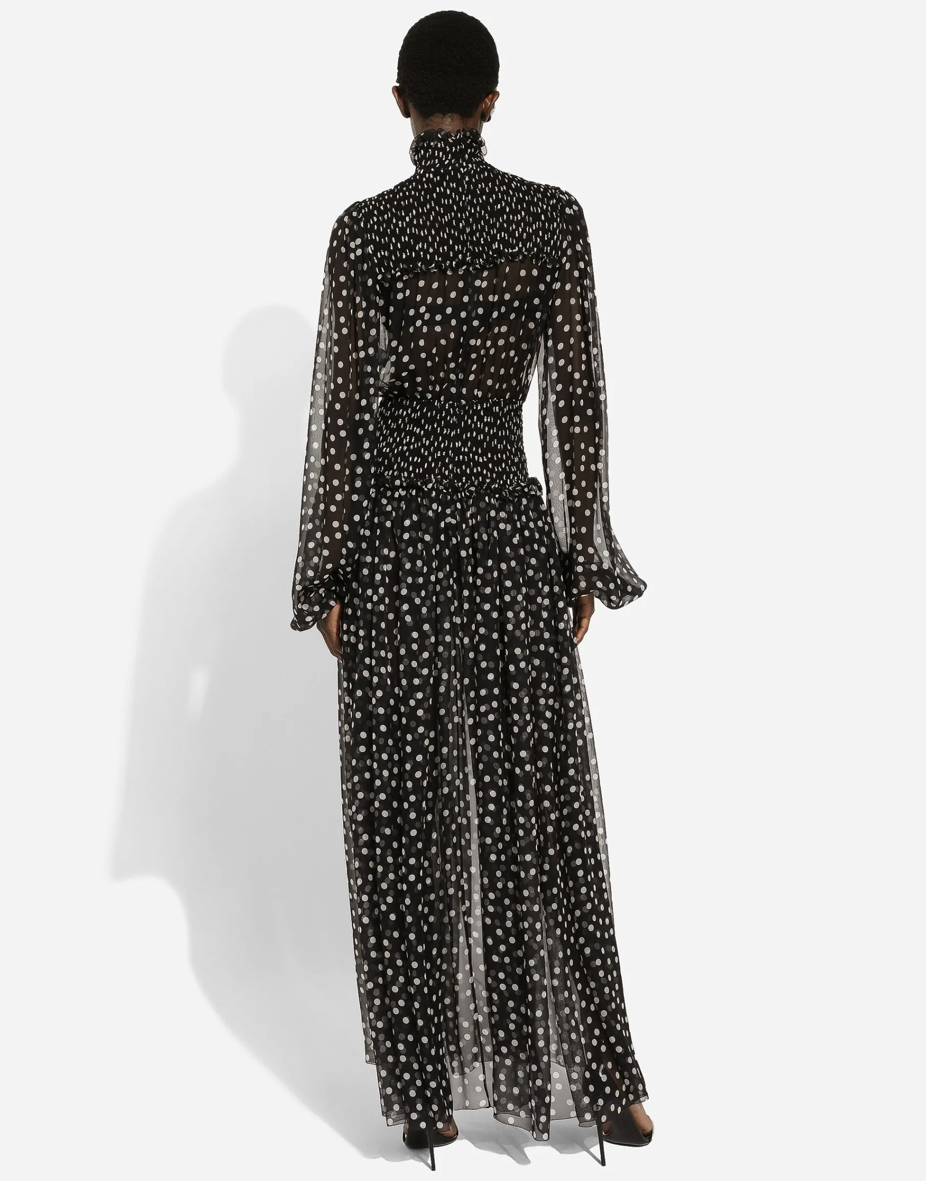 Chiffon midi dress with smock stitching and micro-polka dot print