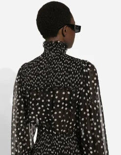 Chiffon midi dress with smock stitching and micro-polka dot print
