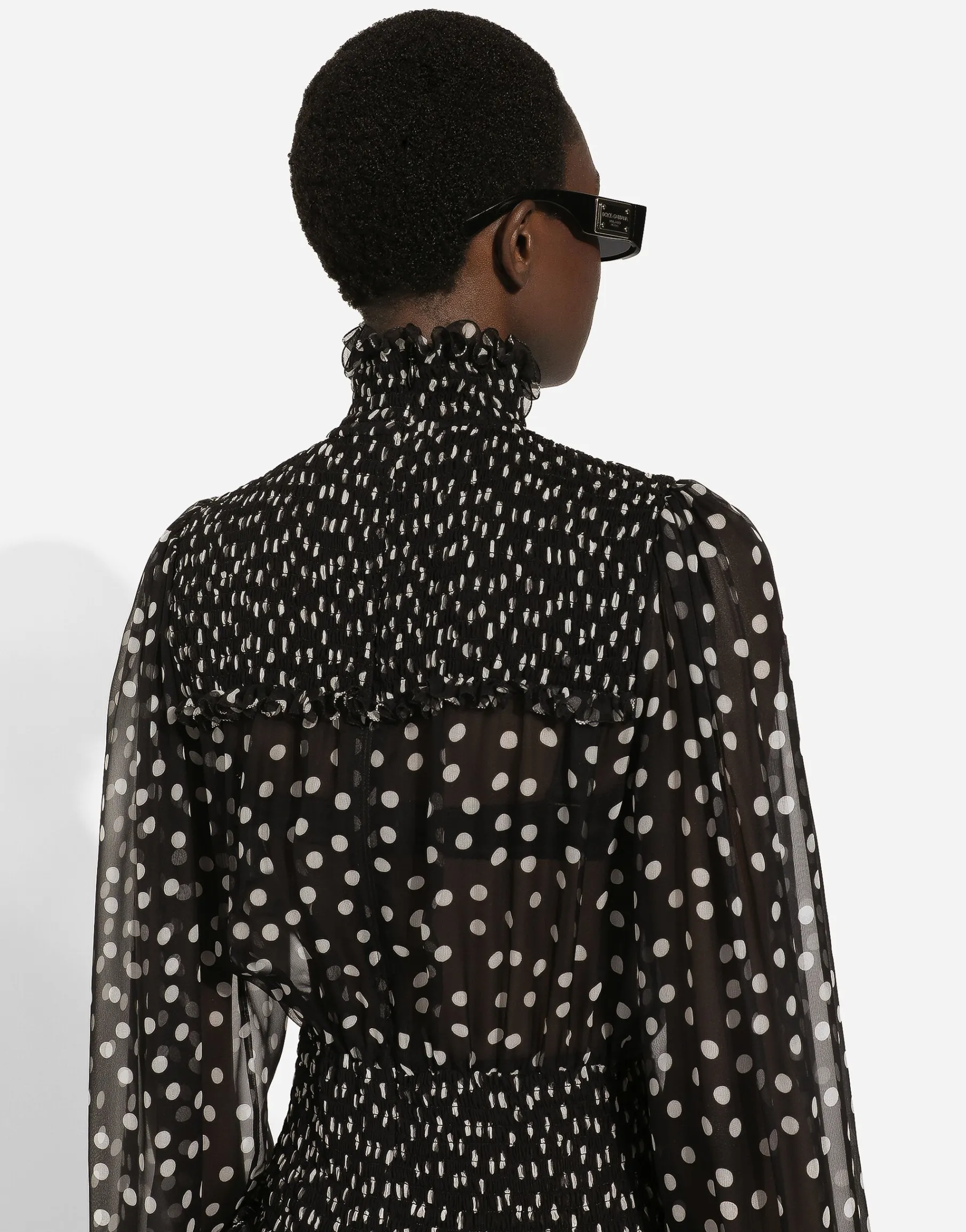 Chiffon midi dress with smock stitching and micro-polka dot print