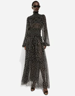 Chiffon midi dress with smock stitching and micro-polka dot print
