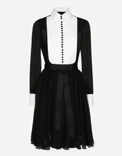 Chiffon midi shirt dress with piqué cuffs and shirt front