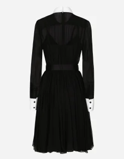 Chiffon midi shirt dress with piqué cuffs and shirt front