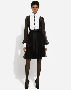 Chiffon midi shirt dress with piqué cuffs and shirt front