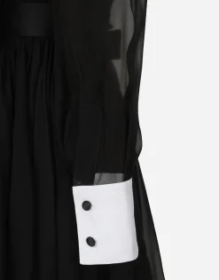 Chiffon midi shirt dress with piqué cuffs and shirt front
