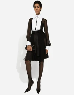 Chiffon midi shirt dress with piqué cuffs and shirt front