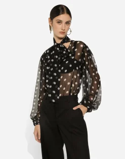 Chiffon pussy-bow blouse with polka-dot print