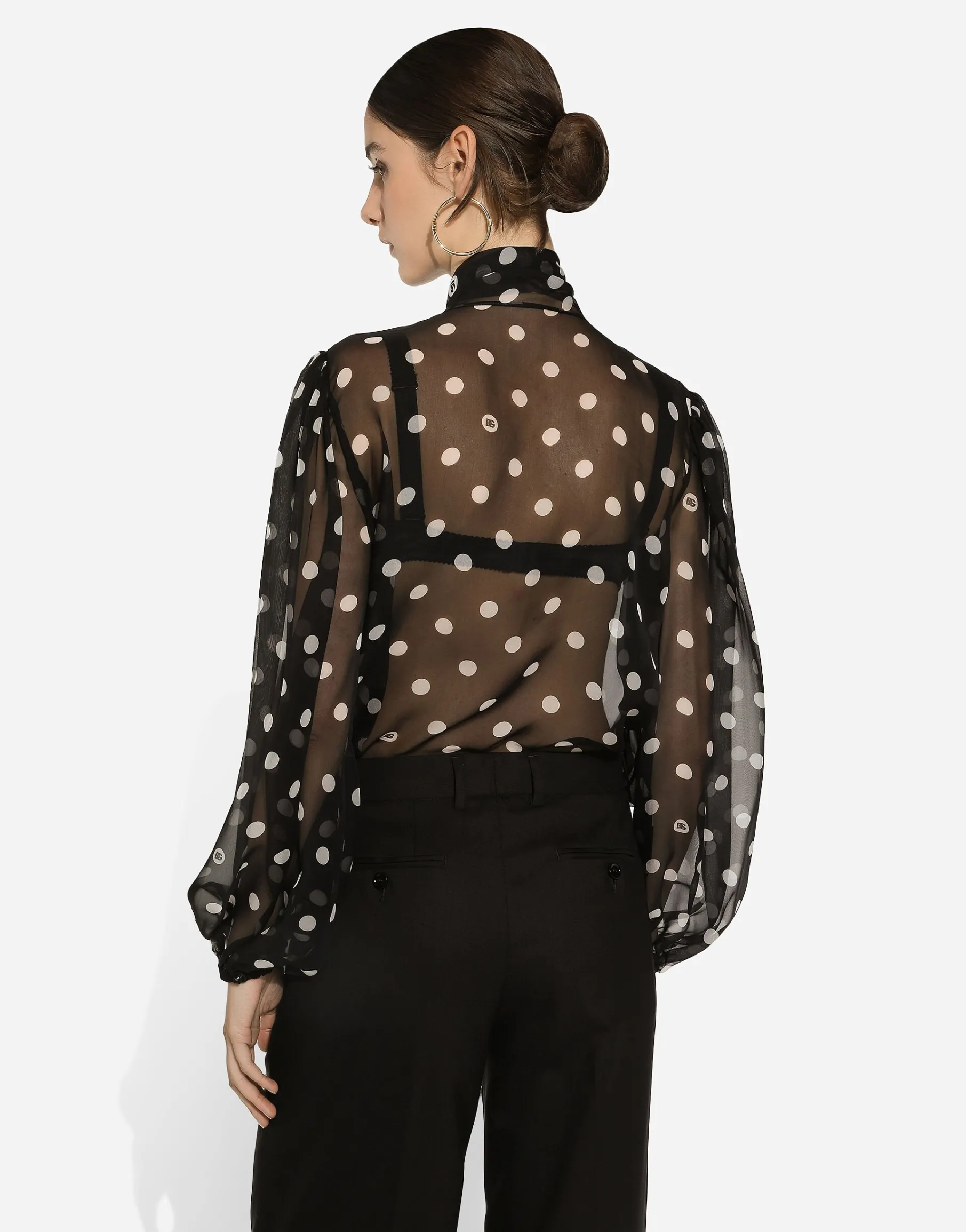 Chiffon pussy-bow blouse with polka-dot print