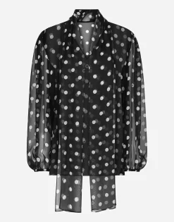 Chiffon pussy-bow blouse with polka-dot print