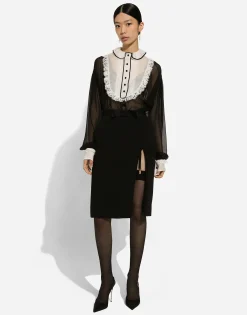Chiffon shirt with shirt front and organza cuffs