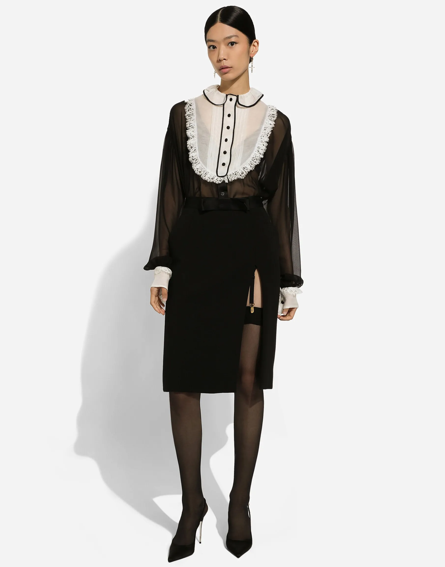 Chiffon shirt with shirt front and organza cuffs
