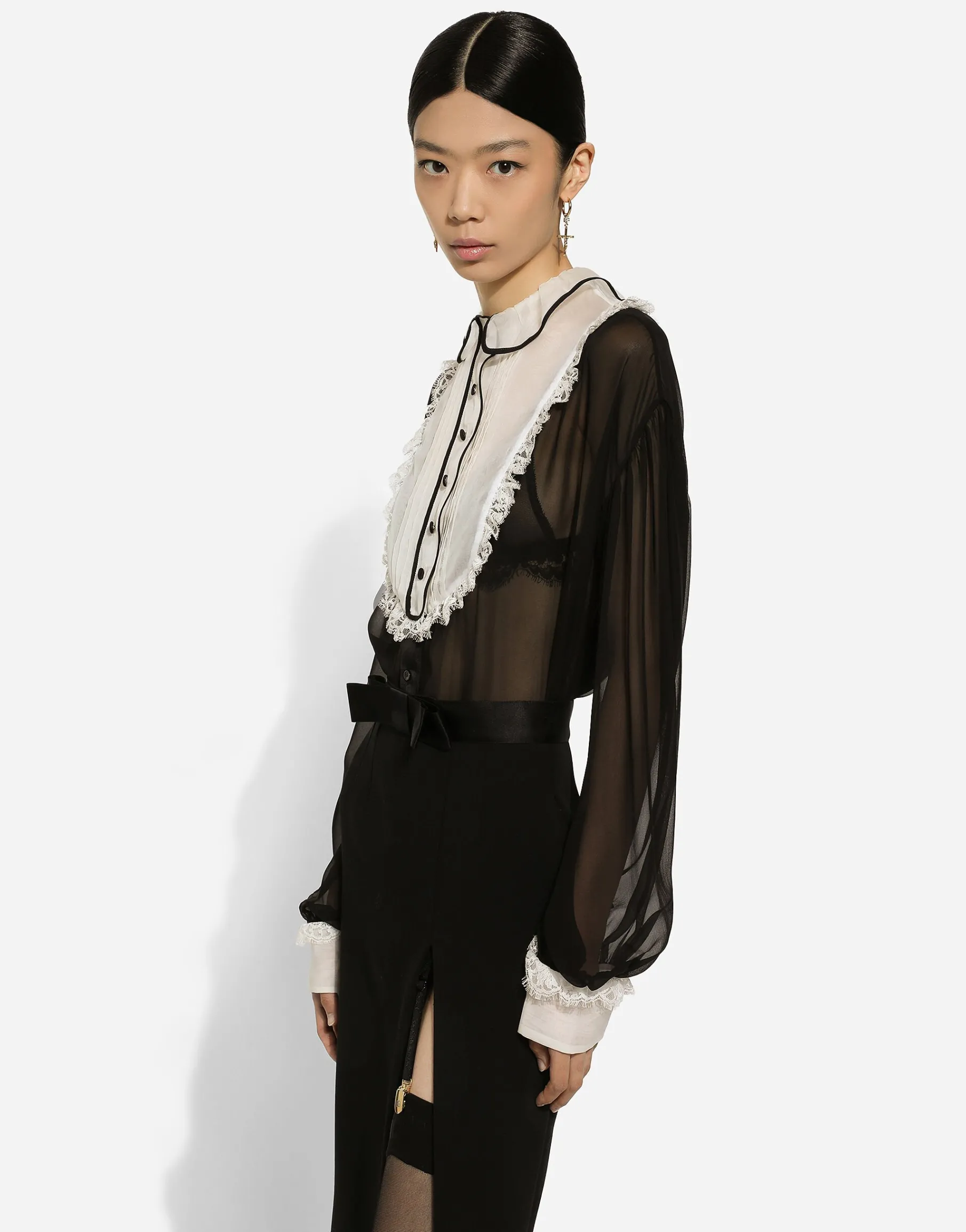 Chiffon shirt with shirt front and organza cuffs