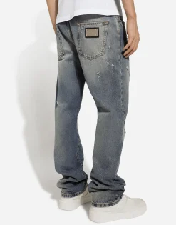 Classic blue denim jeans with abrasions