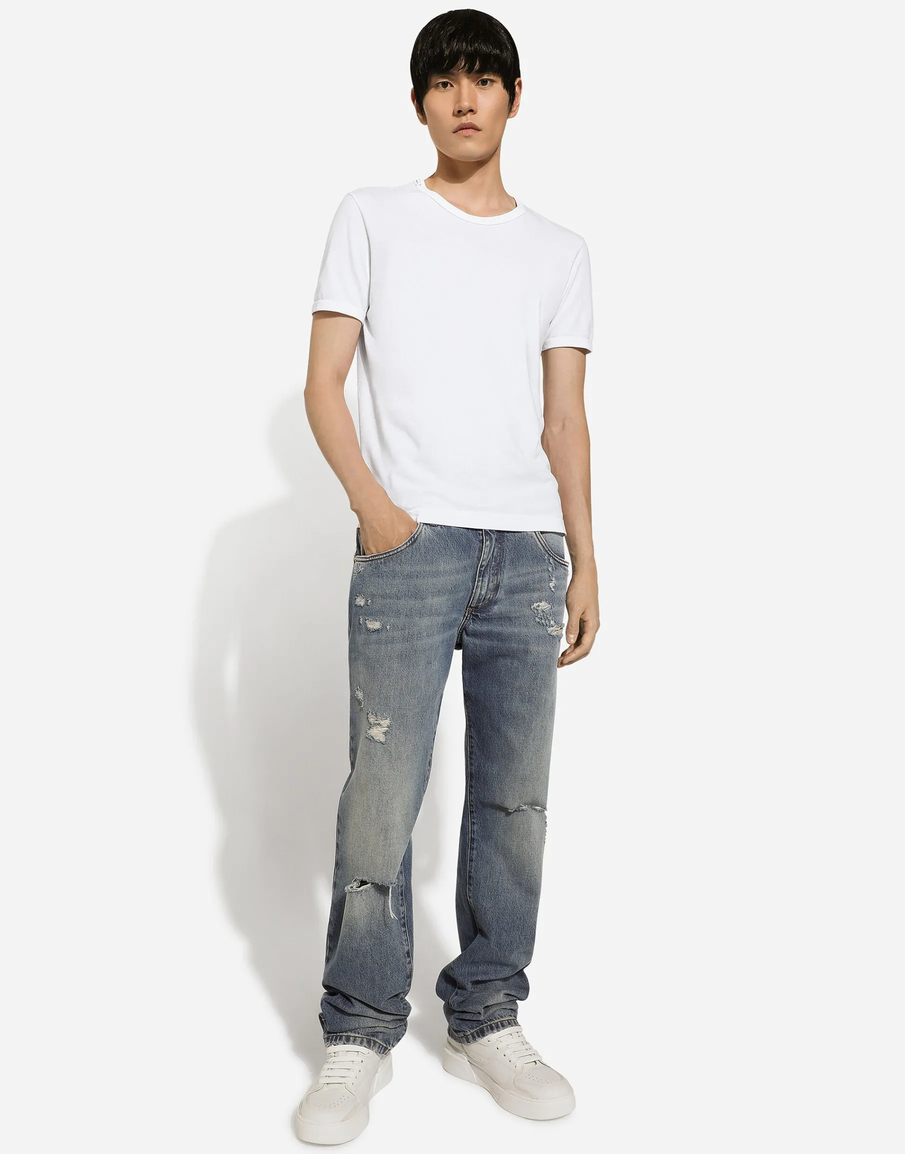 Classic blue denim jeans with abrasions