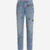 Classic cotton jeans with tag and bejeweled details