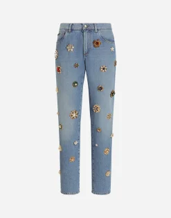 Classic cotton jeans with tag and bejeweled details