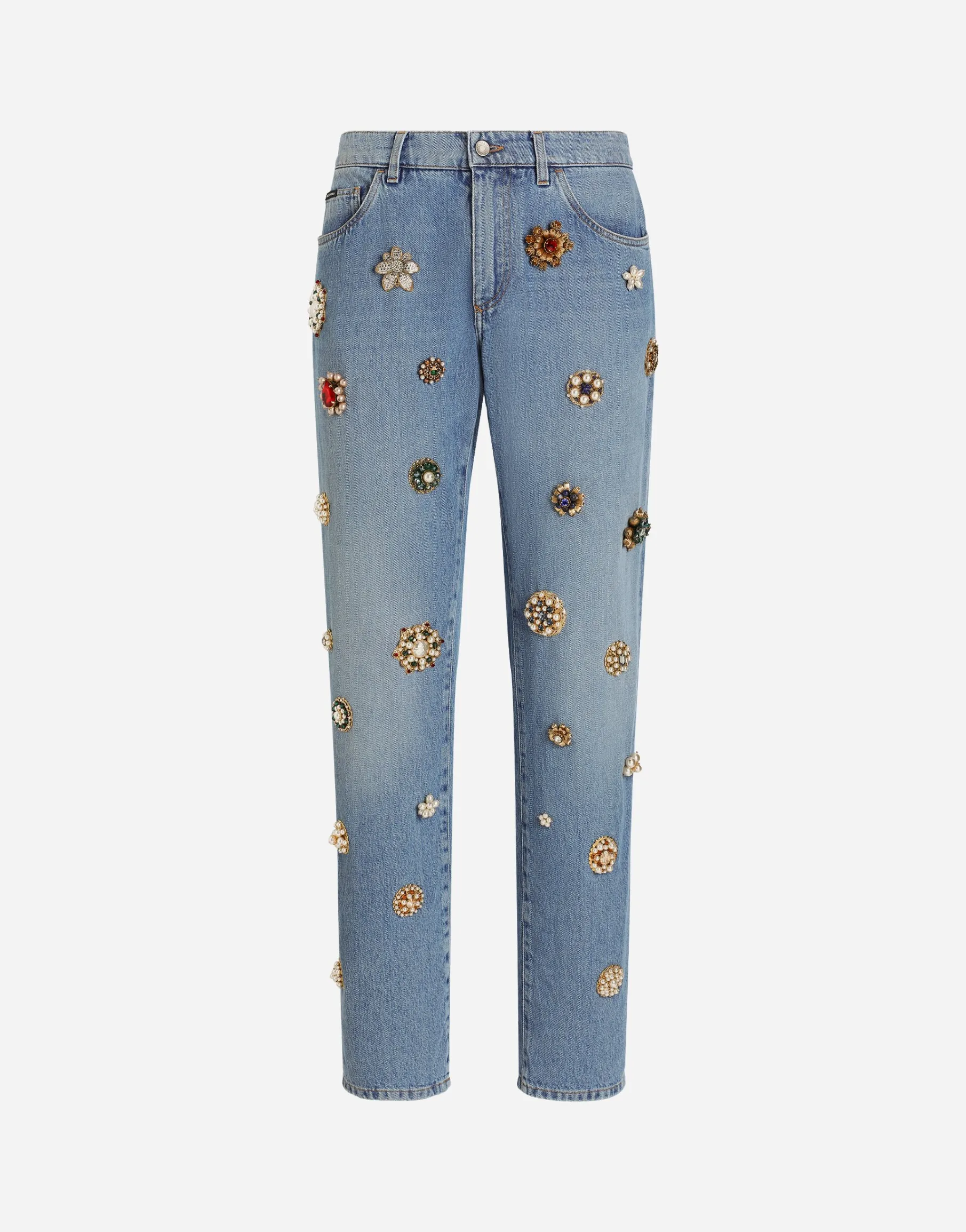 Classic cotton jeans with tag and bejeweled details