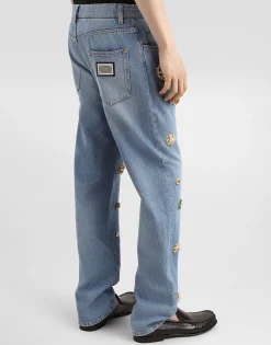 Classic cotton jeans with tag and bejeweled details