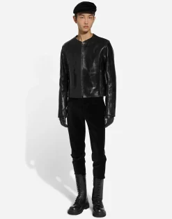 Collarless leather jacket