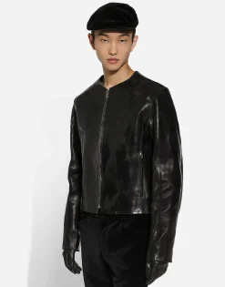 Collarless leather jacket