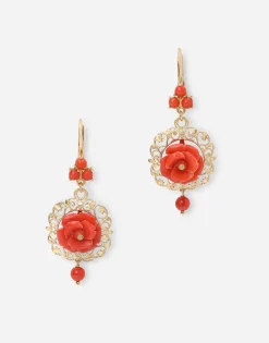 Coral leverback earrings in yellow 18kt gold with coral roses