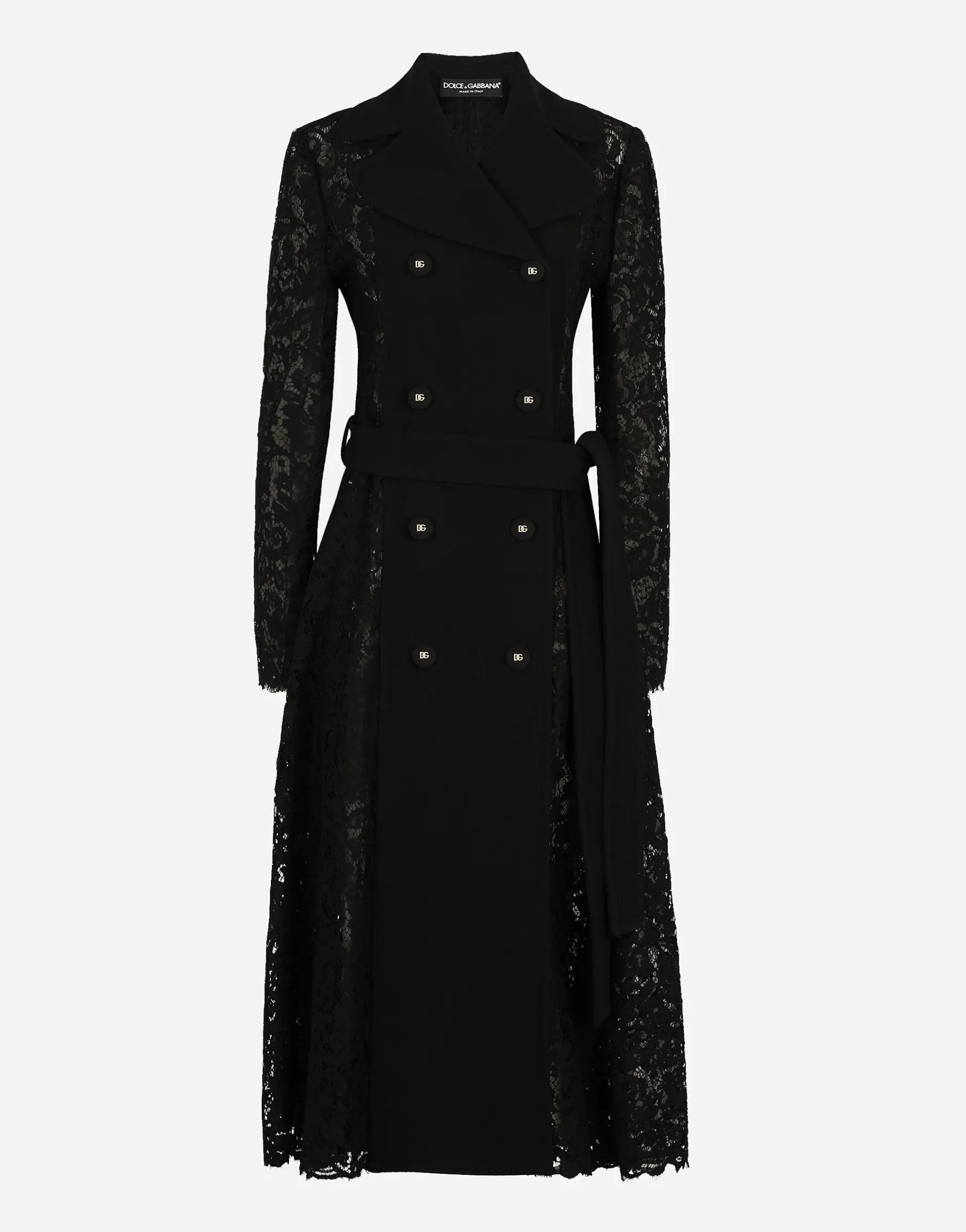 Cordonetto lace and crepe coat with belt