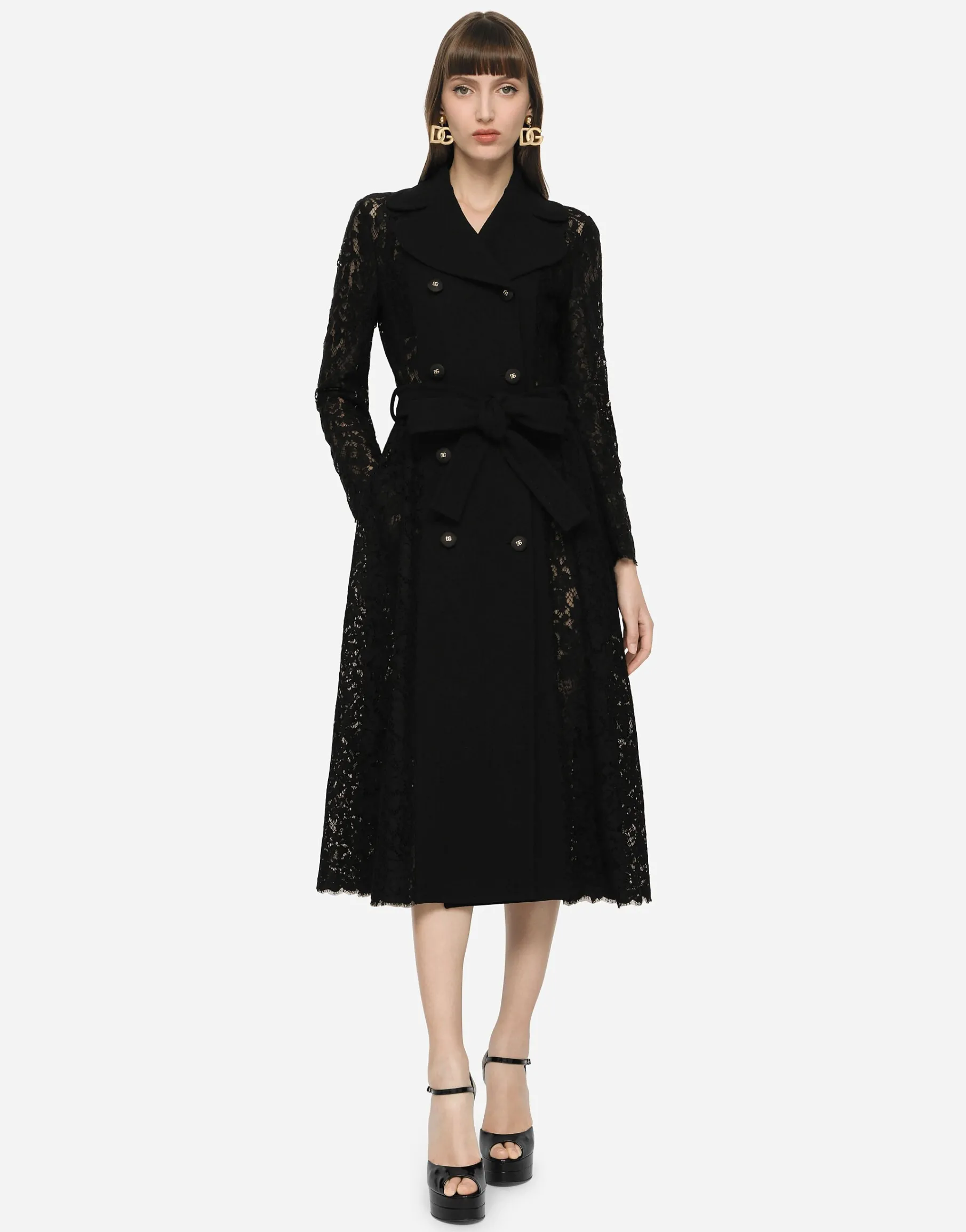 Cordonetto lace and crepe coat with belt