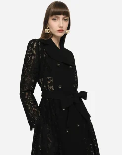 Cordonetto lace and crepe coat with belt