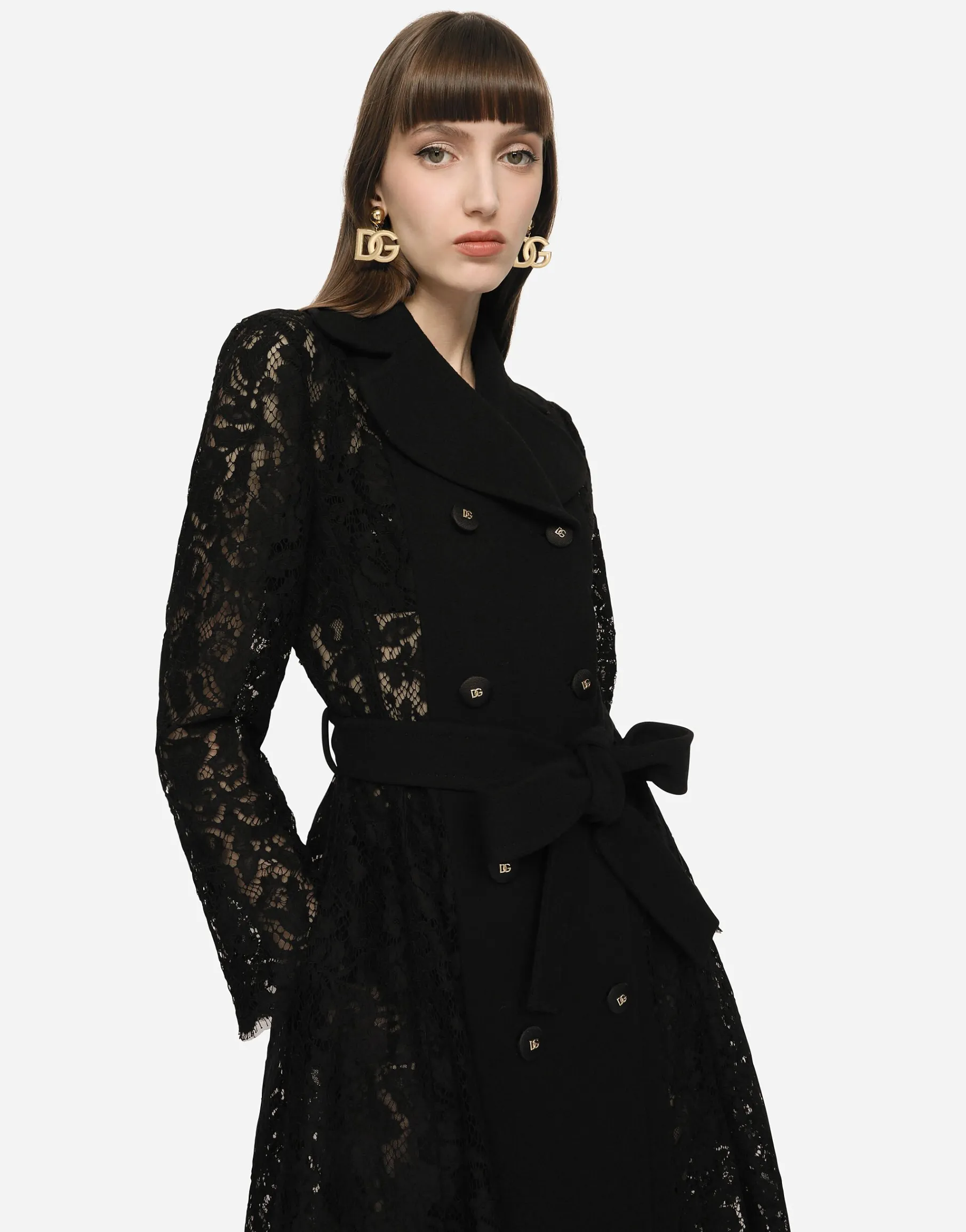 Cordonetto lace and crepe coat with belt