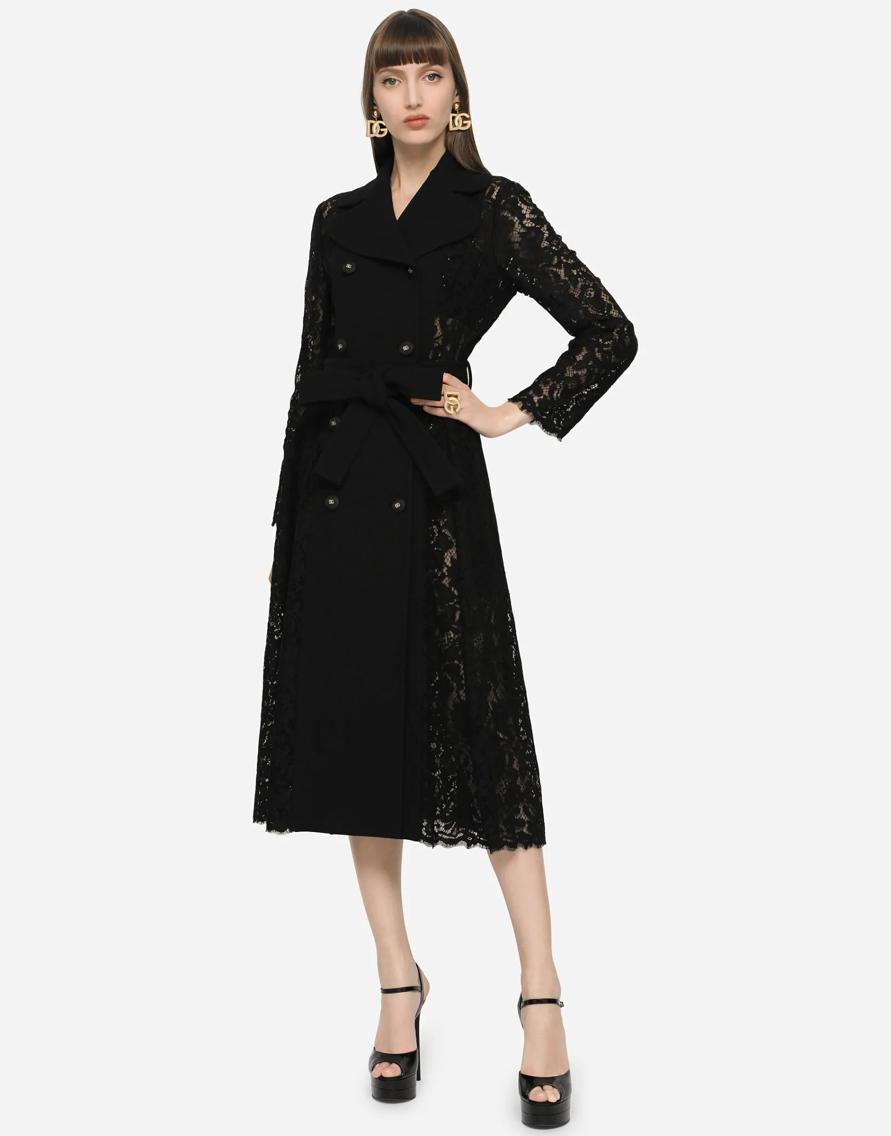 Cordonetto lace and crepe coat with belt