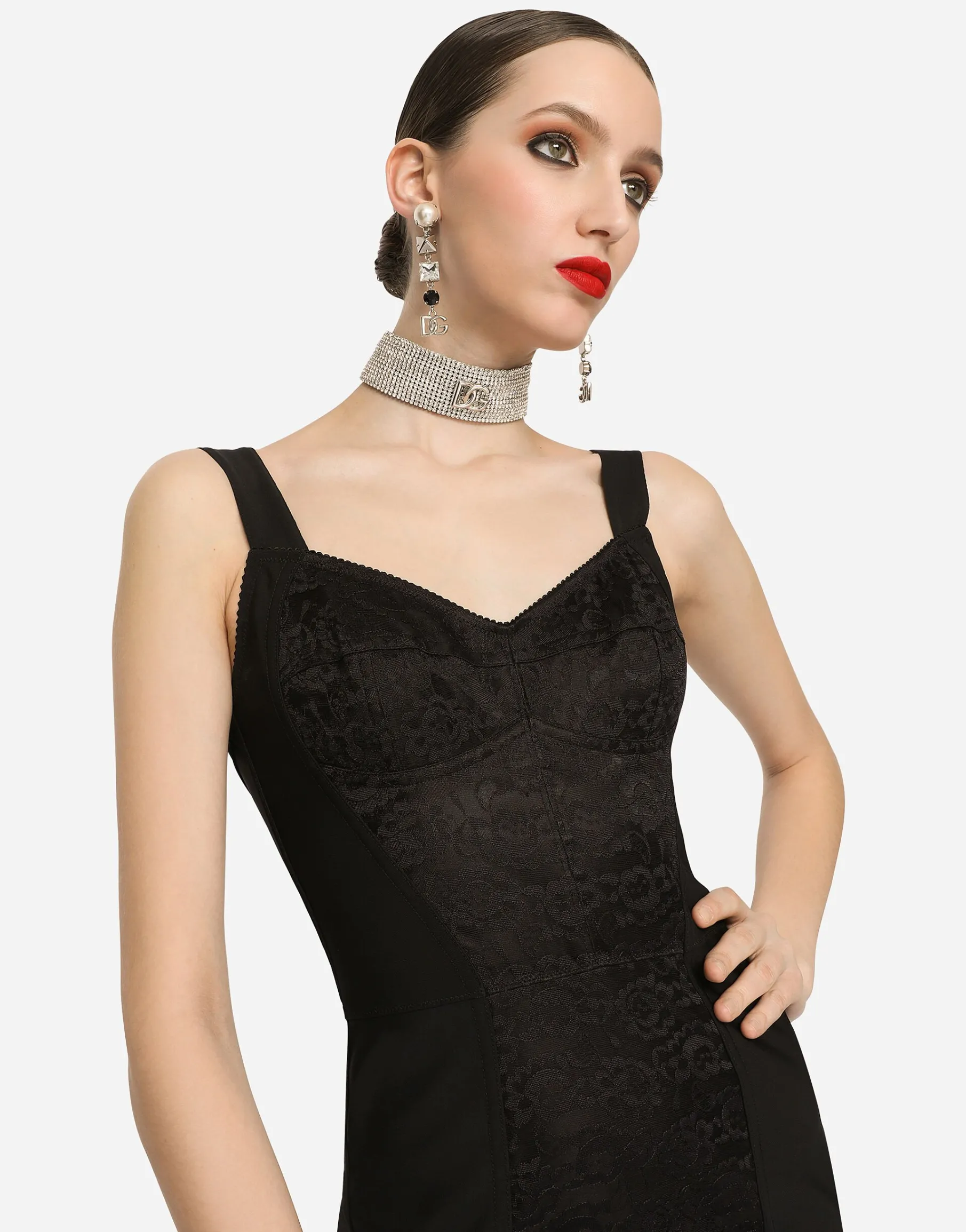 Corset-style midi dress in powernet and lace