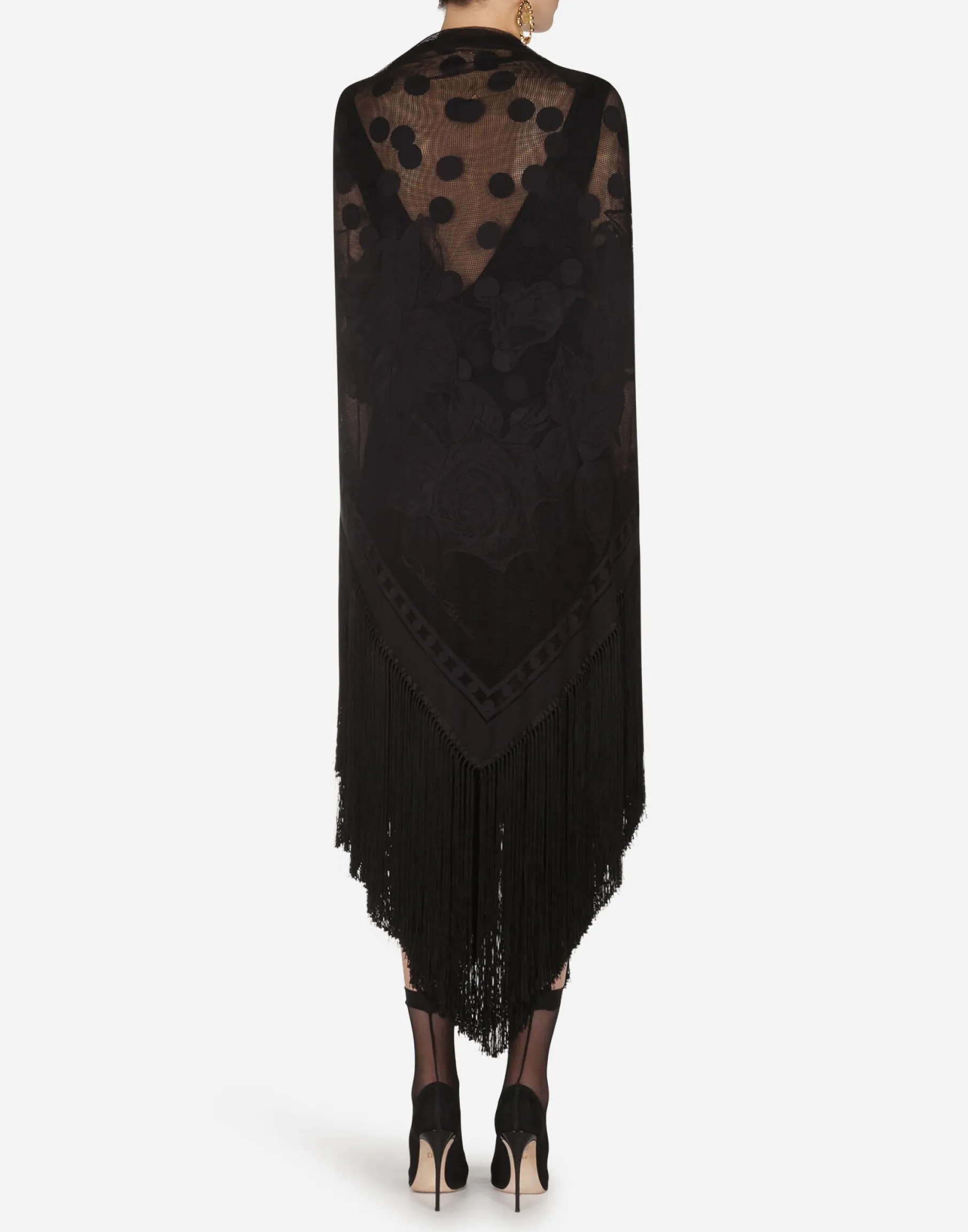 Cotton and tulle shawl with fringe 140 x 140