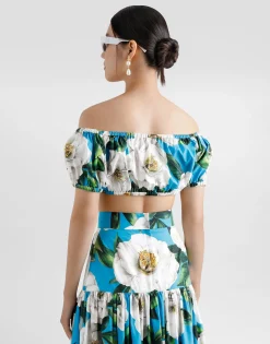 Cotton Bardot-neck top with gardenia print