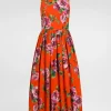 Cotton calf-length babydoll dress with rose print