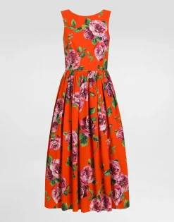 Cotton calf-length babydoll dress with rose print