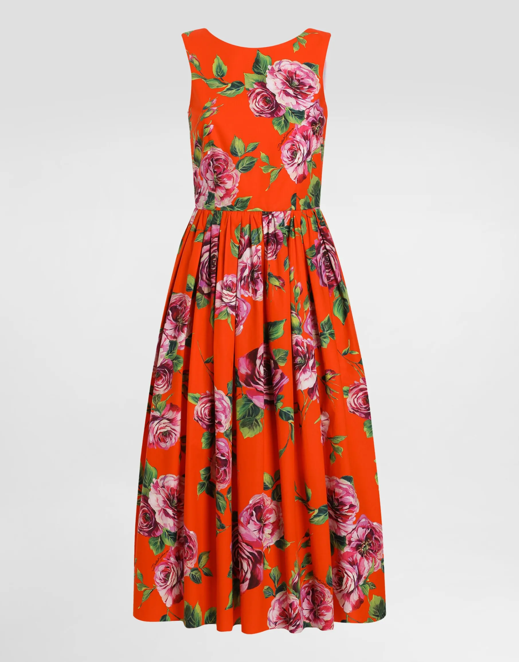 Cotton calf-length babydoll dress with rose print