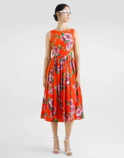 Cotton calf-length babydoll dress with rose print