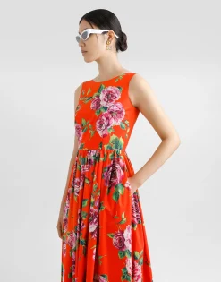 Cotton calf-length babydoll dress with rose print