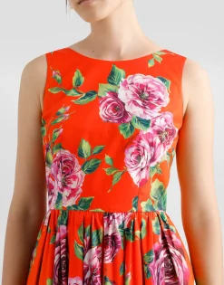 Cotton calf-length babydoll dress with rose print