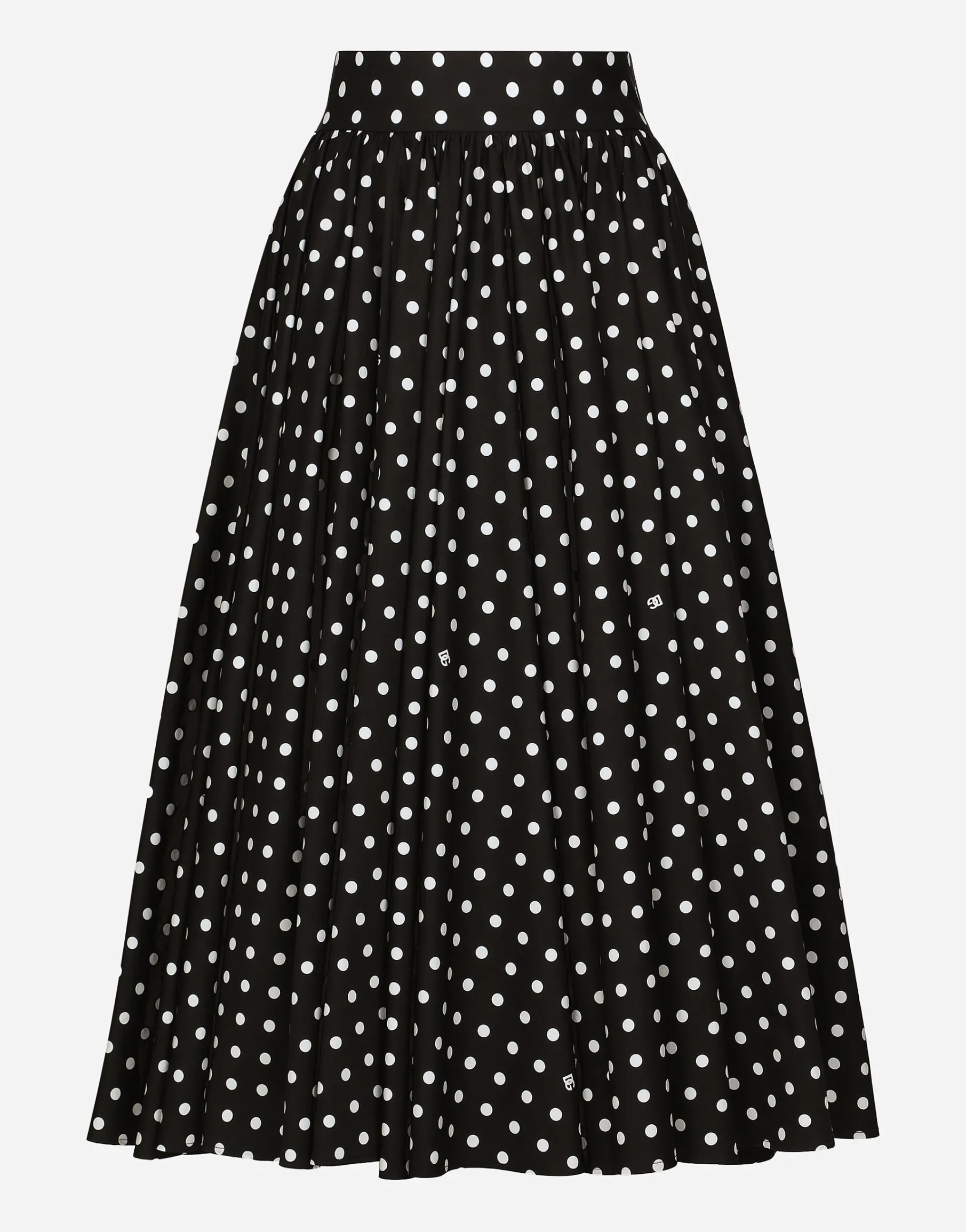Cotton calf-length circle skirt with polka-dot print