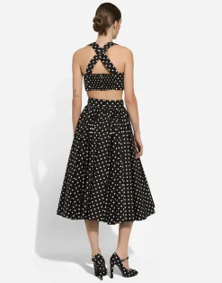 Cotton calf-length circle skirt with polka-dot print