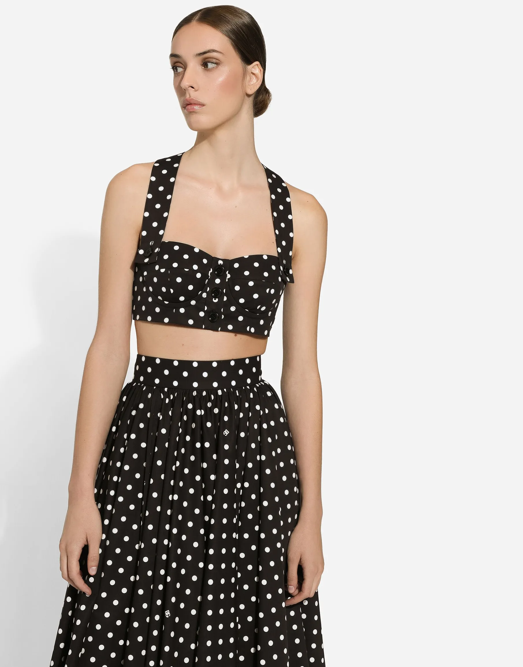 Cotton calf-length circle skirt with polka-dot print