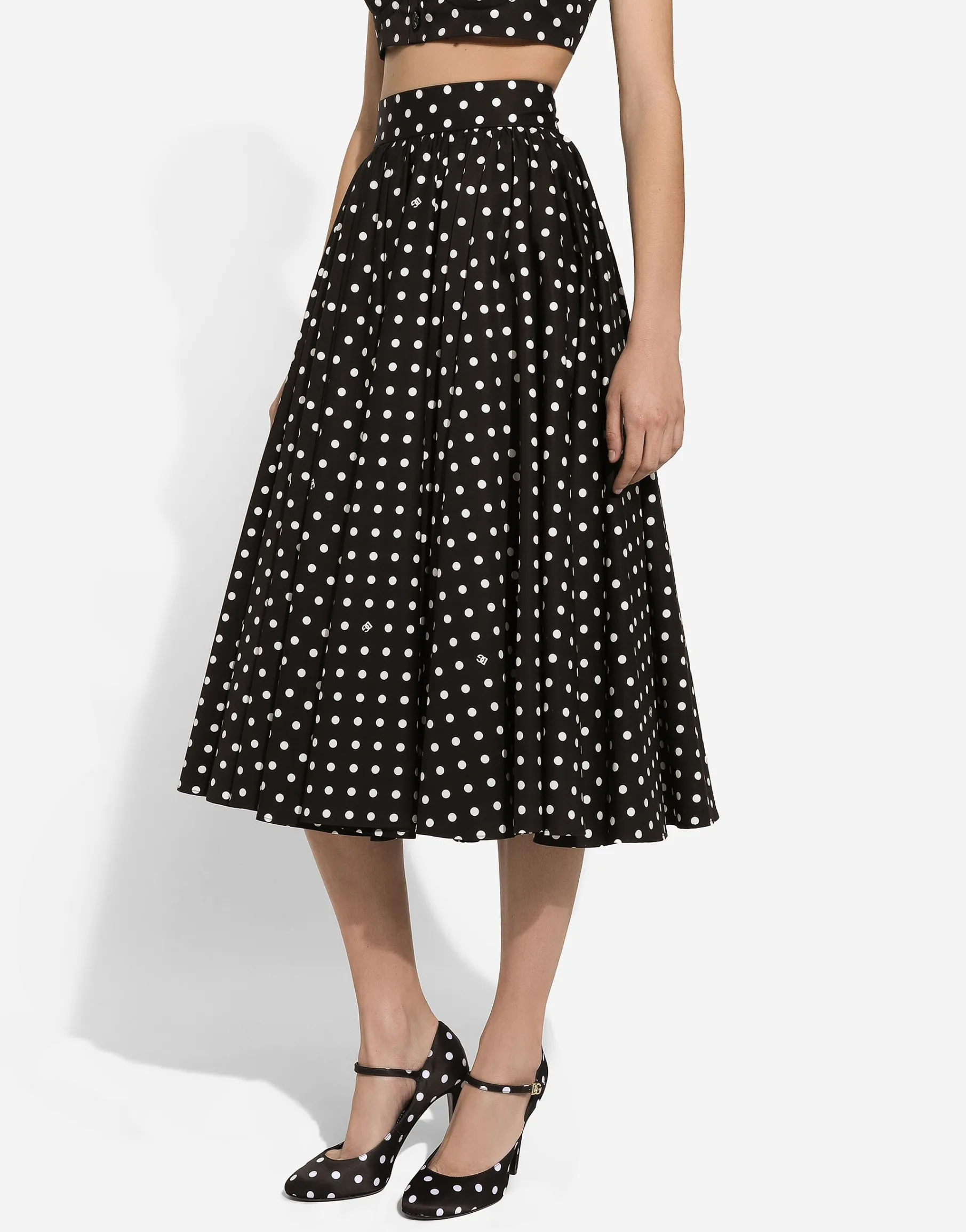 Cotton calf-length circle skirt with polka-dot print