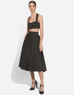 Cotton calf-length circle skirt with polka-dot print