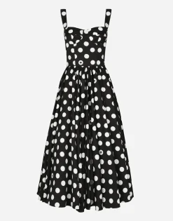 Cotton calf-length corset dress with polka-dot print