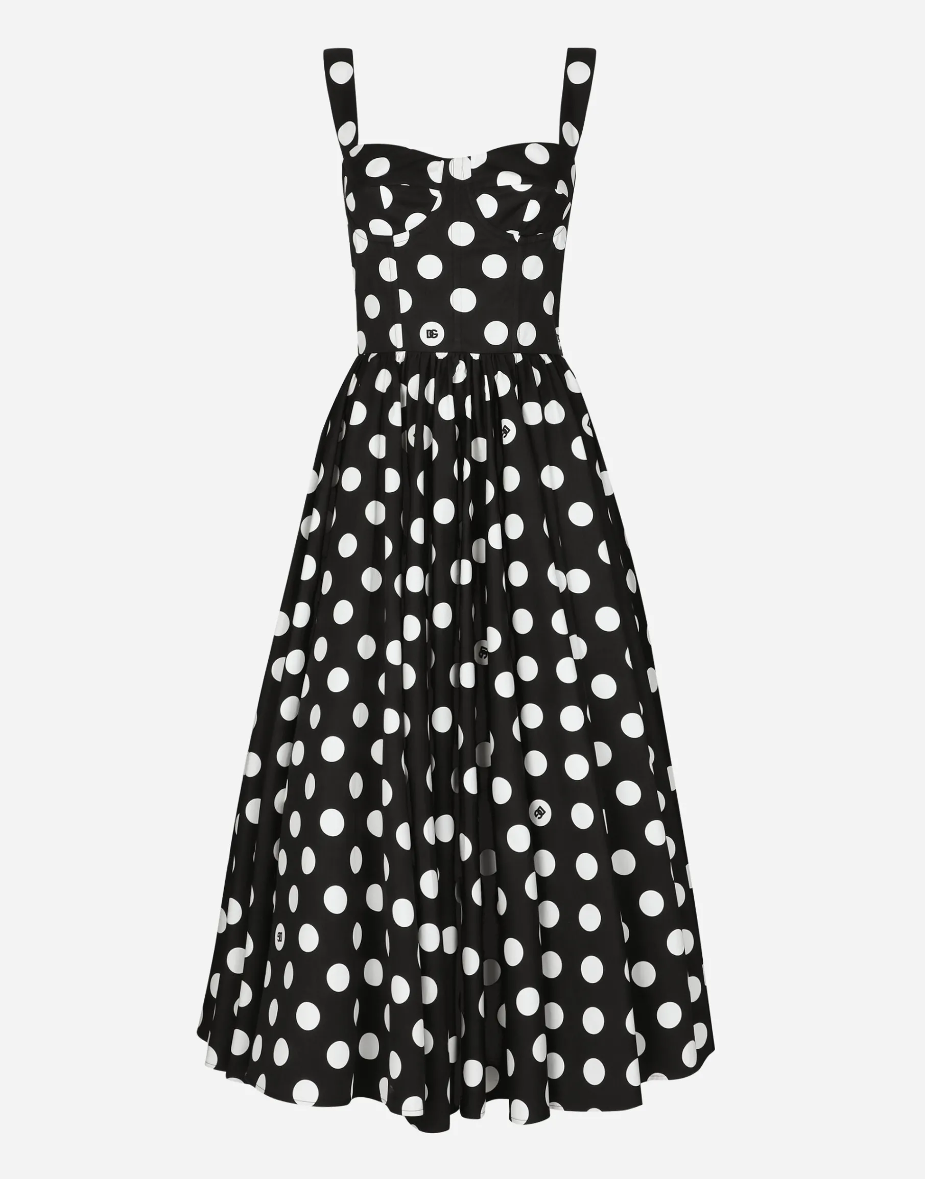 Cotton calf-length corset dress with polka-dot print